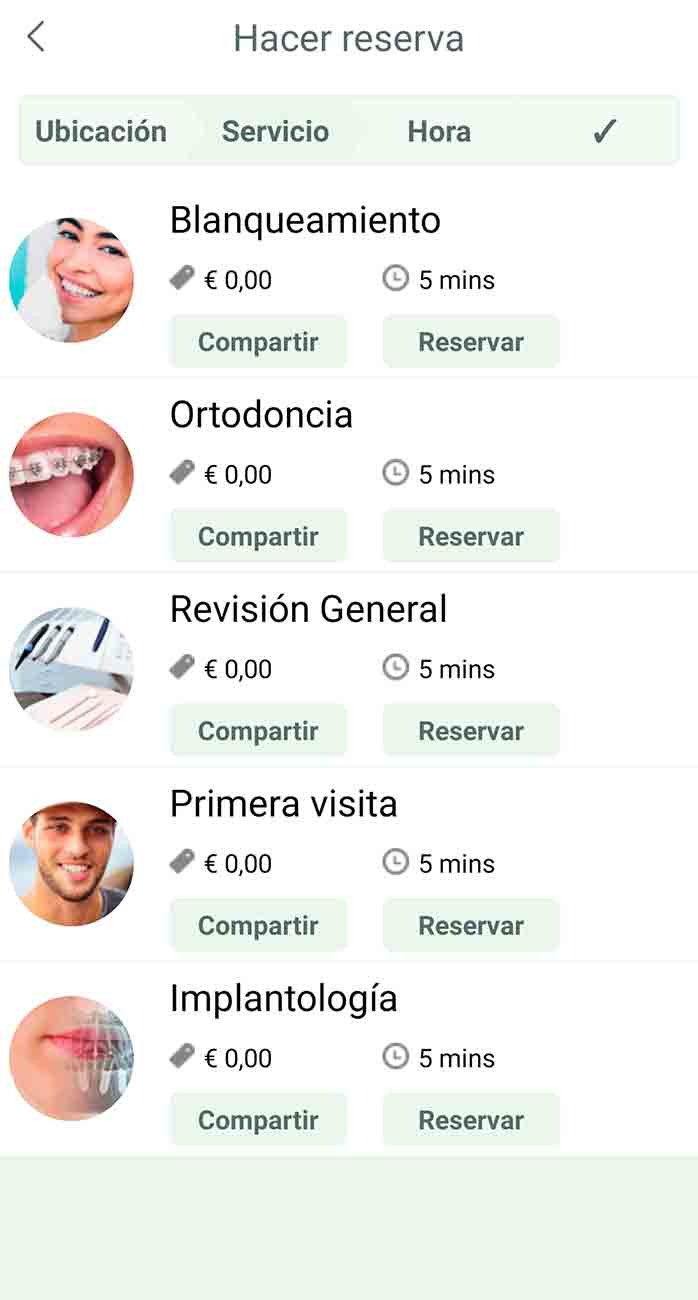 Tipo de reservas en App de clínica dental
